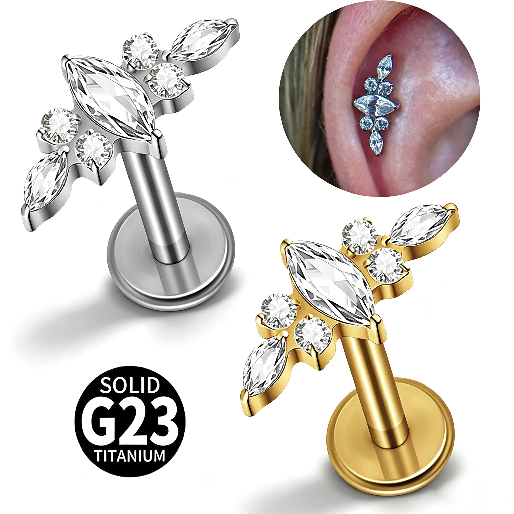 16G G23 Solid Titanium Marquise&Round Zircon Cartilage Internal Thread Tragus Helix Conch Labret Lip Piercing Body Jewelry