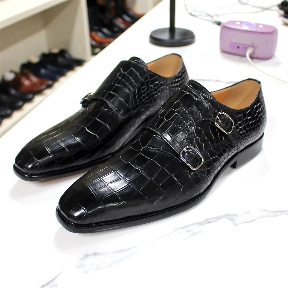 Men\'s Luxury Italian Mens Shoes Real Leather Pointed Toe Double Buckles Alligator Parrint  Formal Business Black Shoes for Male