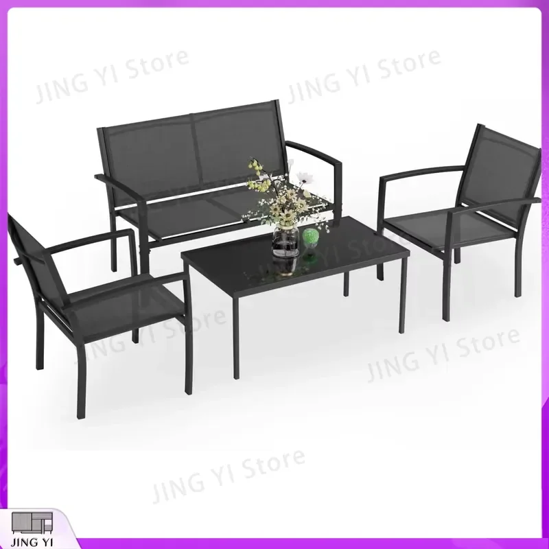 Outdoor Patio Furniture Set with Tempered Glass Coffee Table for Garden Lawn Poolside Backyard Camping Picnic BBQ