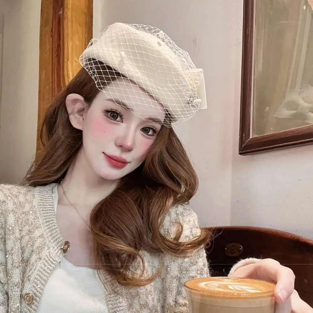 Trendy British Style Wool Bow Hat with Veil Cashmere Elegant Stewardess Cap Photography Decoration Sweet Pillbox Hat Dinner