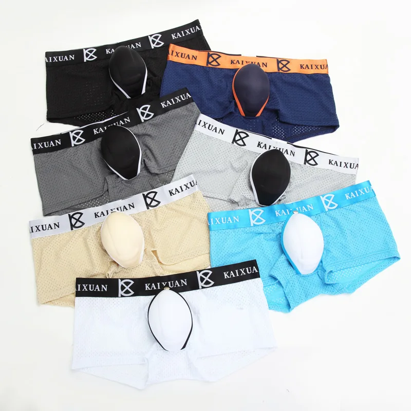 Mens Underwear Pouch Boxer Shorts Open Front Ice Silk Mesh Breathable Post Surgery Underpants Removable Bulge Ropa Interior