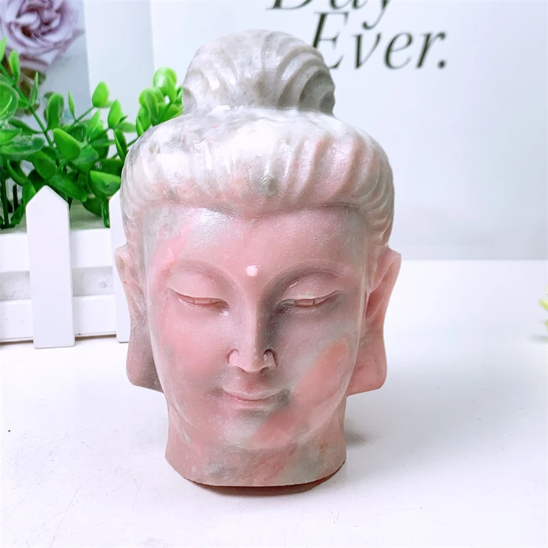 1600g Natural Pink Opal Buddha Head Crystal Stone Carving Reiki Aesthetic Decorations Home and Office Christmas Gift 1PCS