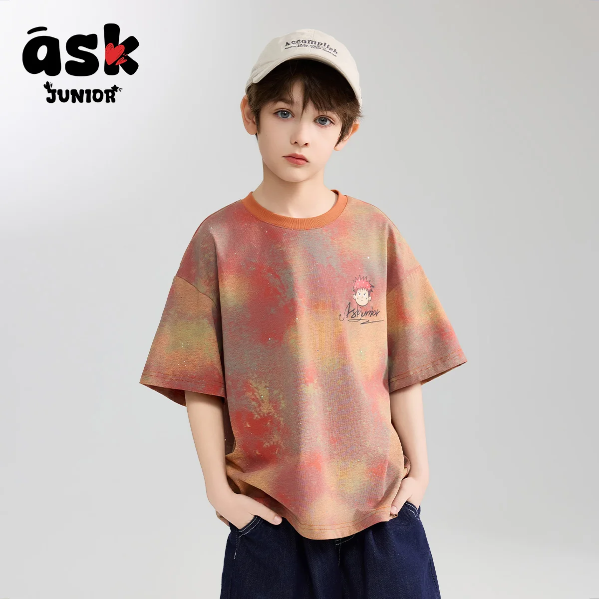 الأطفال الصيف قصيرة الأكمام الفتيان والأطفال الأكبر سنا المتناقضة اللون التعادل صبغ الكرتون المطبوعة قصيرة الأكمام تي شيرت #4