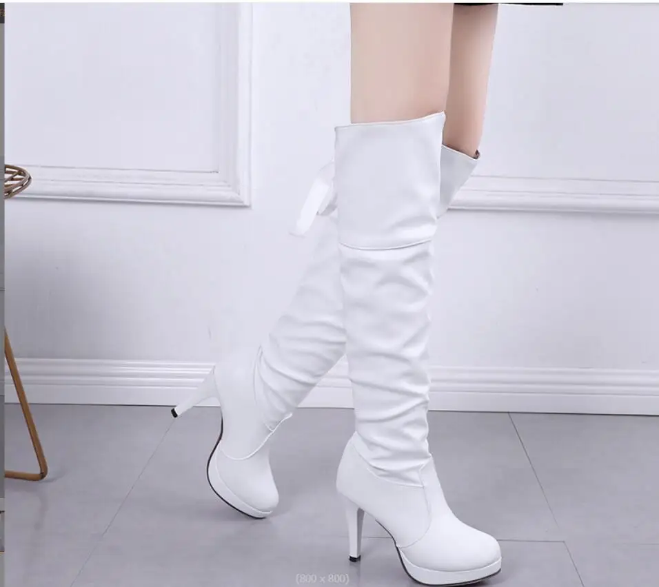 New Sexy Thigh High Boots Women Autumn Winter Elastic PU Leather Over-the-knee Boots For Women Heels White Long Shoes Large Size