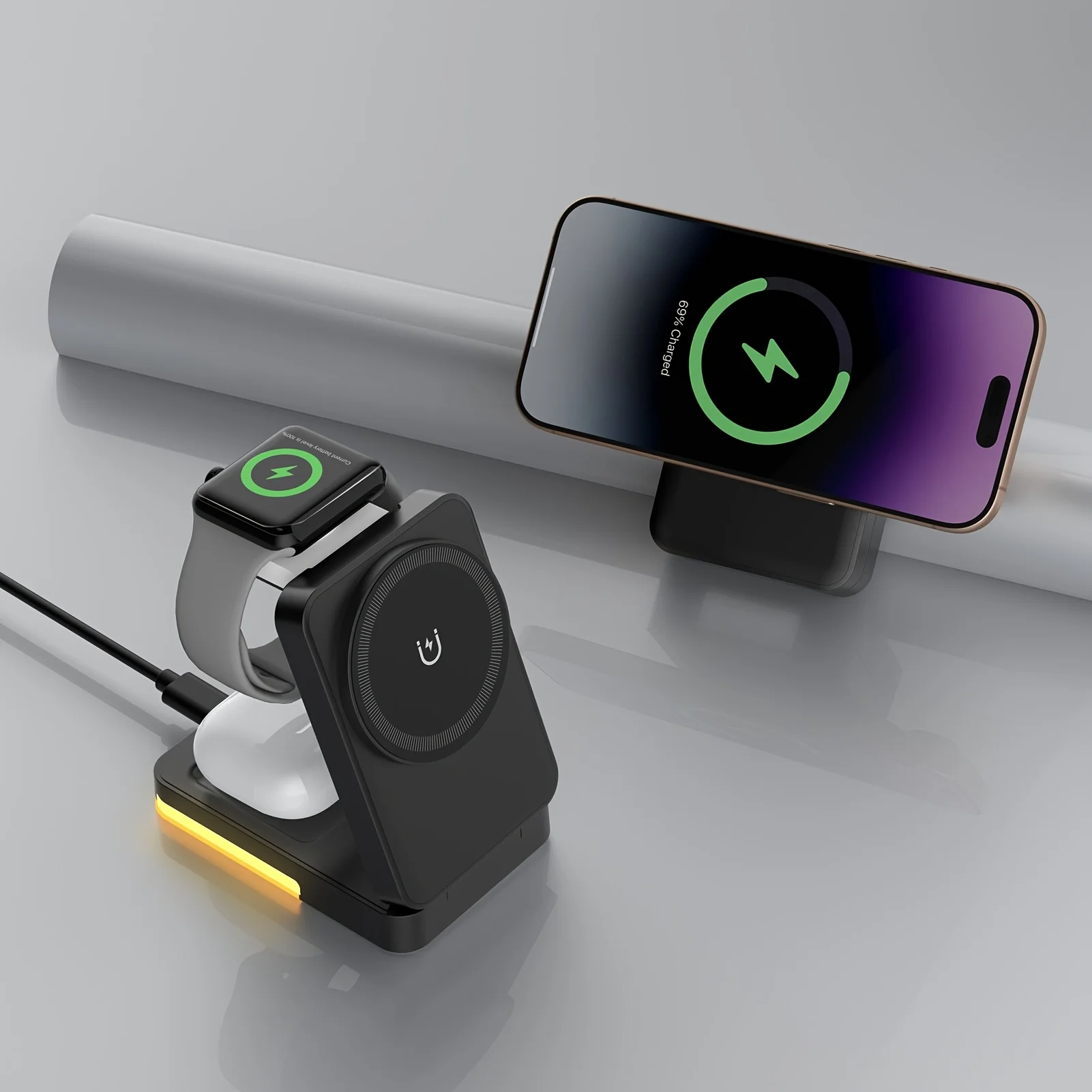 حامل شاحن لاسلكي بإضاءة LED 3 في 1 قابل للطي لهاتف iPhone 16 15 14 13 12 Apple Watch 2-9 SE Airpods Pro محطة شحن سريعة