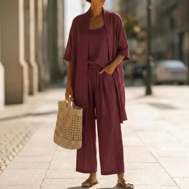 A New Summer Straight-leg Solid Color Travel and Vacation Three-piece Set Comfort Casual Elegant Style From Europe and America