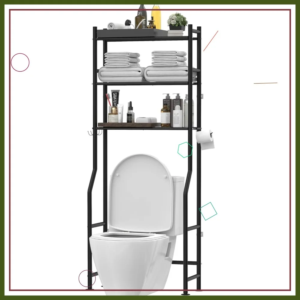 

3-Tier Over Toilet Storage Shelf, Freestanding Metal Bathroom Organizer with Hooks & Paper Holder, Space-Saving Black