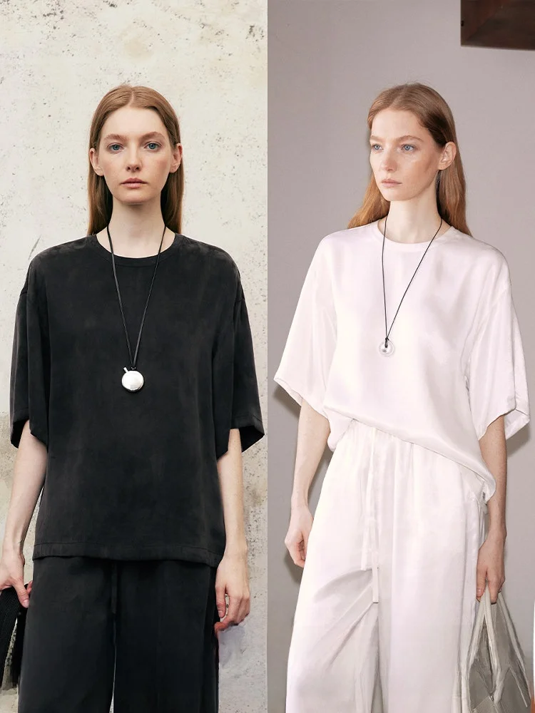 

CHICJANE Lenzing Lyocell Double-Sided Slant Pattern mat Sle Cold Tone round Ne f Sve T-irt for Women