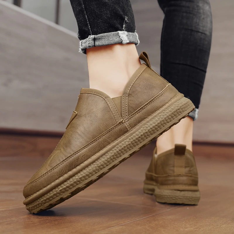 

New Low-top Fleece Warm Flat Split-wear Men's Large-sized Solid Color Leather Casual Shoes with Round Toe for Winter