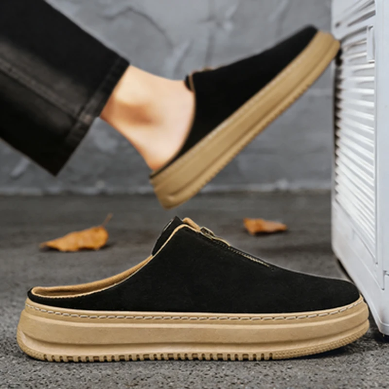 2026 Spring Summer New Men's Closed Toe Half Slippers Korean Fashion Thick Bottom Elevated Casual Lazy Slip-On Outdoor Sandals