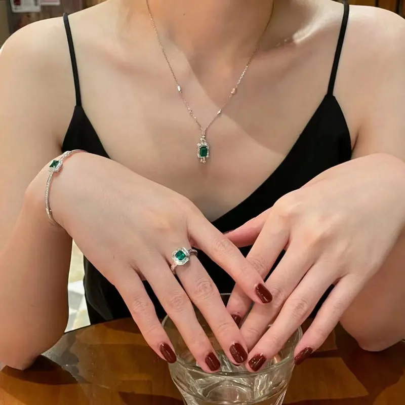 Fashion Precision Inlaid Emerald Zircon Three Piece Jewelry Set, Women's Bracelet, Ring, Necklace, Ball Accessories