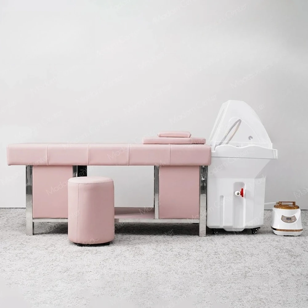 Przenośna miska do mycia włosów i fotel do salonu fryzjerskiego i spa z masażem głowy do użytku domowego.