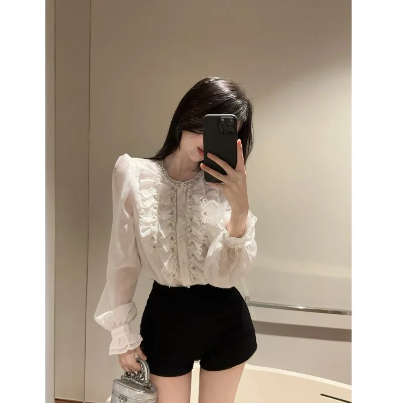 

Новая роскошная шелковая блузка 2025 года в придворном стиле, малого размера, с обильной вышивкой и бриллиантовым дизайном, универсальная женская шифоновая рубашка с рукавами-фонариками