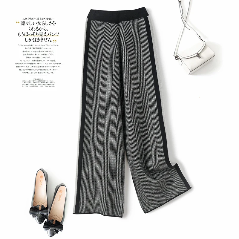 

Новые шикарные женские брюки из 100% шерсти, классические широкие брюки с узором «елочка», осень-зима, трикотажные брюки из 100% мериносовой шерсти, простой стиль