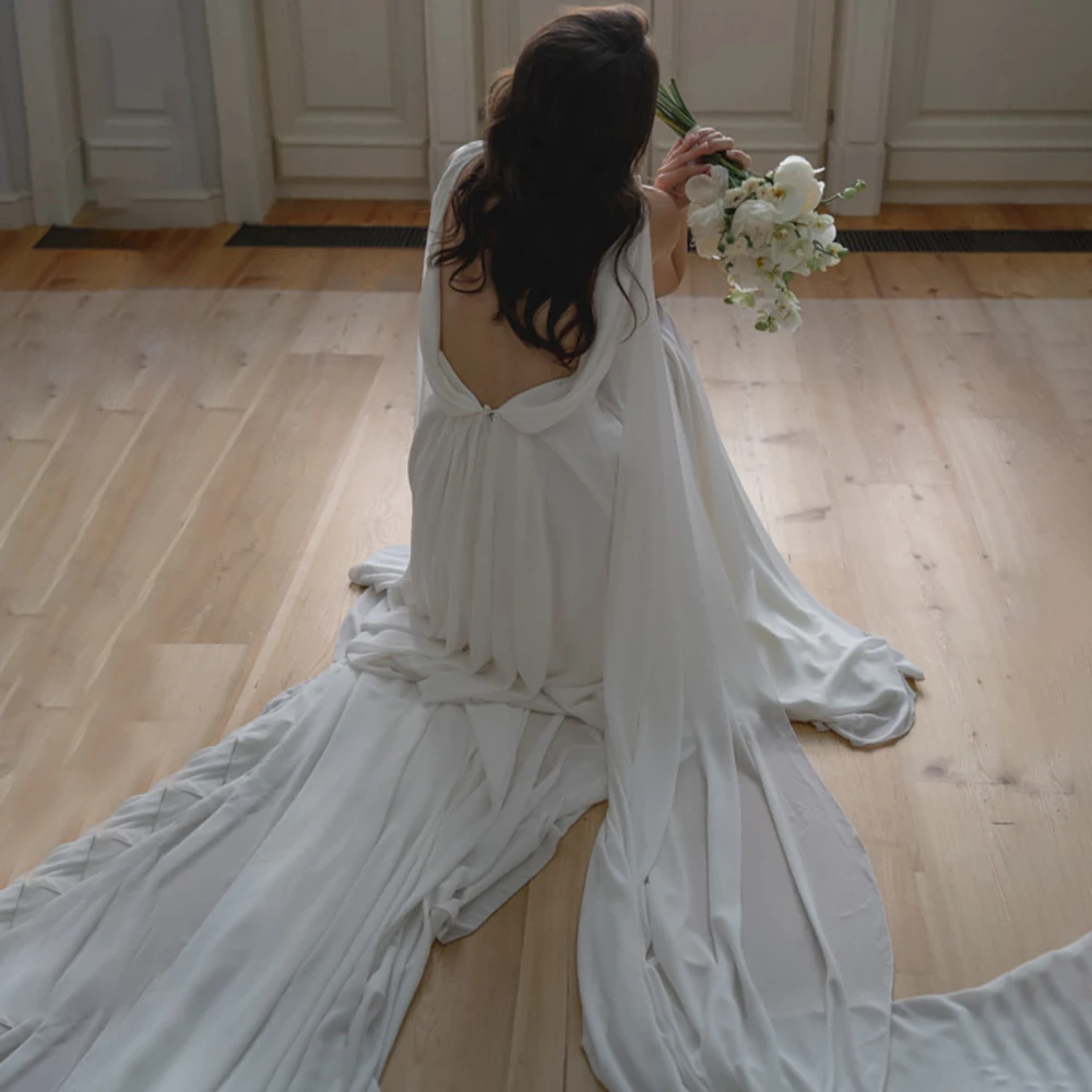 Greek Style Simple Chiffon Backless Wedding Dress Backless Drape Trailing Customized Plus Size Sexy High Split Bridal Gowns