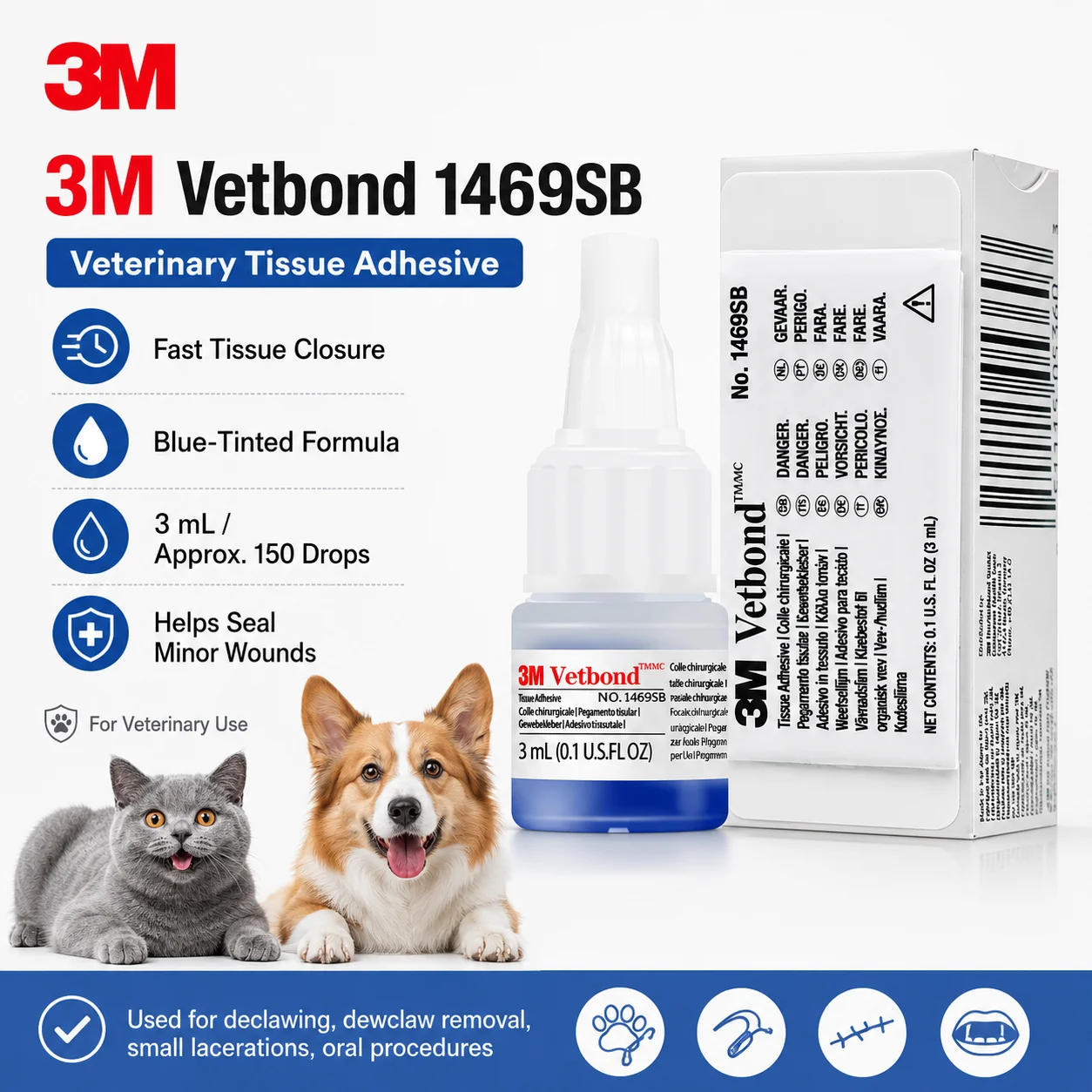 Original 3M 1469SB Vetbond Veterinary Tissue Glue 3ml Fast Bonding Adhesive for Pet Wound Closure