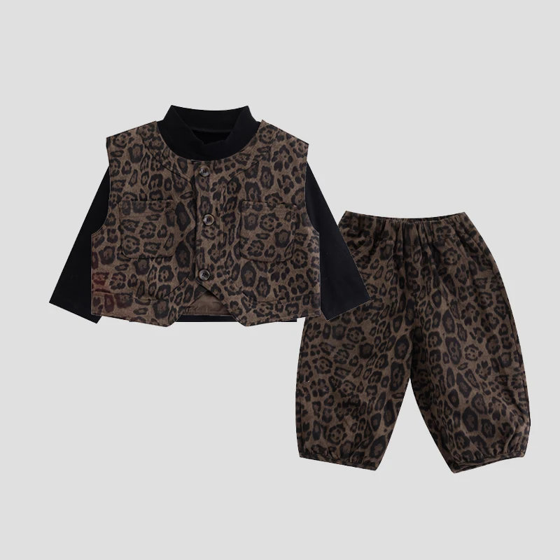 Girls Boys Two Piece Set Spring Autumn 2026 New Leopard Print Vest Long Pants Casual Simple Fashion Sweet Korean Active Vintage