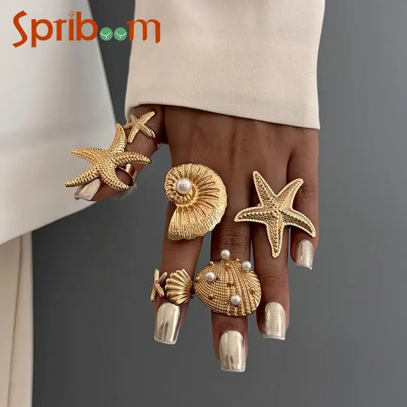 Summer Starfish Ring Set Iron Alloy Imitation Pearl Opening Rings for Women Star Shell Joint Anillo Party Personality Jewelry