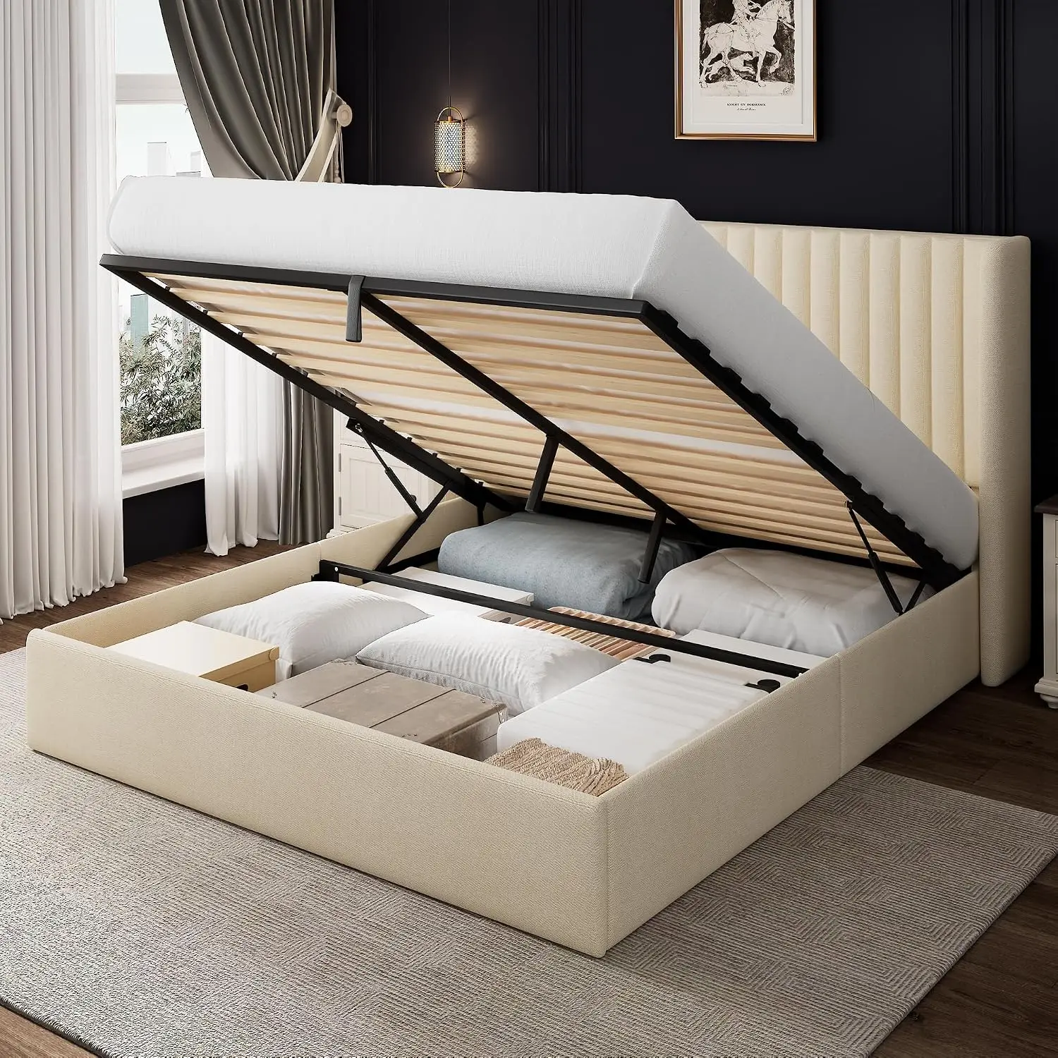 Full Size Upholstered Storage Bed with Wingback Headboard, Hydraulic Lift, Wooden Slat Support, Noise Free, Easy Assembly, Beige