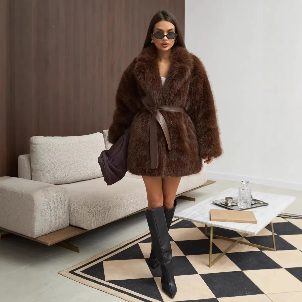 Winter 2026 Luxury Eco-Friendly Faux Fox Fur Coat Women Thick Warm Long Sleeve Lapel  Jacket With Belt Elegant Fluffy Outerwear