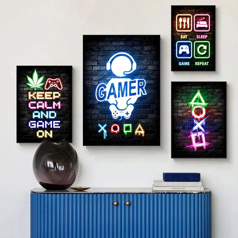 Gaming Neon Eat Sleep Game Repeat  Canvas Posters Gamer Room Decor Canvas Print Art for Home Esports Bedroom Decor Gift Painting