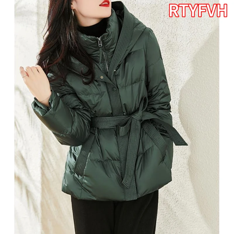 2024 Winter Women's Down Jackets Ultra Light Warm Casual Coat Female Puffer Jacket With a Belt Plus Size Hooded Parka Overcoat