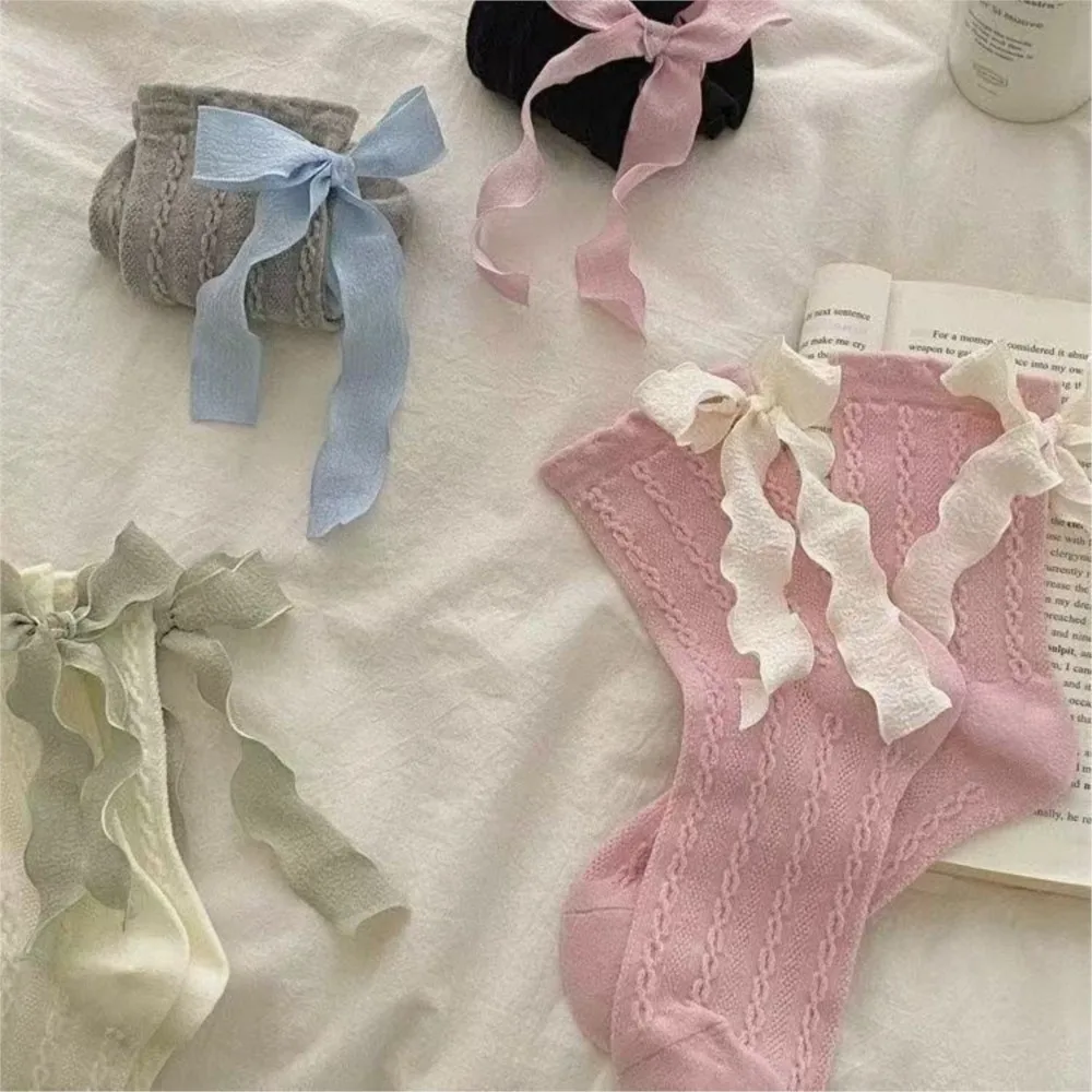 

Solid-color spring new socks sweet Lolita pile socks girl Korean-style heel ribbon bow mid-calf socks for kids girl sokken
