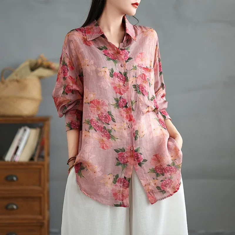 

Женская повседневная рубашка с длинным рукавом, новинка 2024, осенняя винтажная стильная свободная женская рубашка с отложным воротником и цветочным принтом B3939