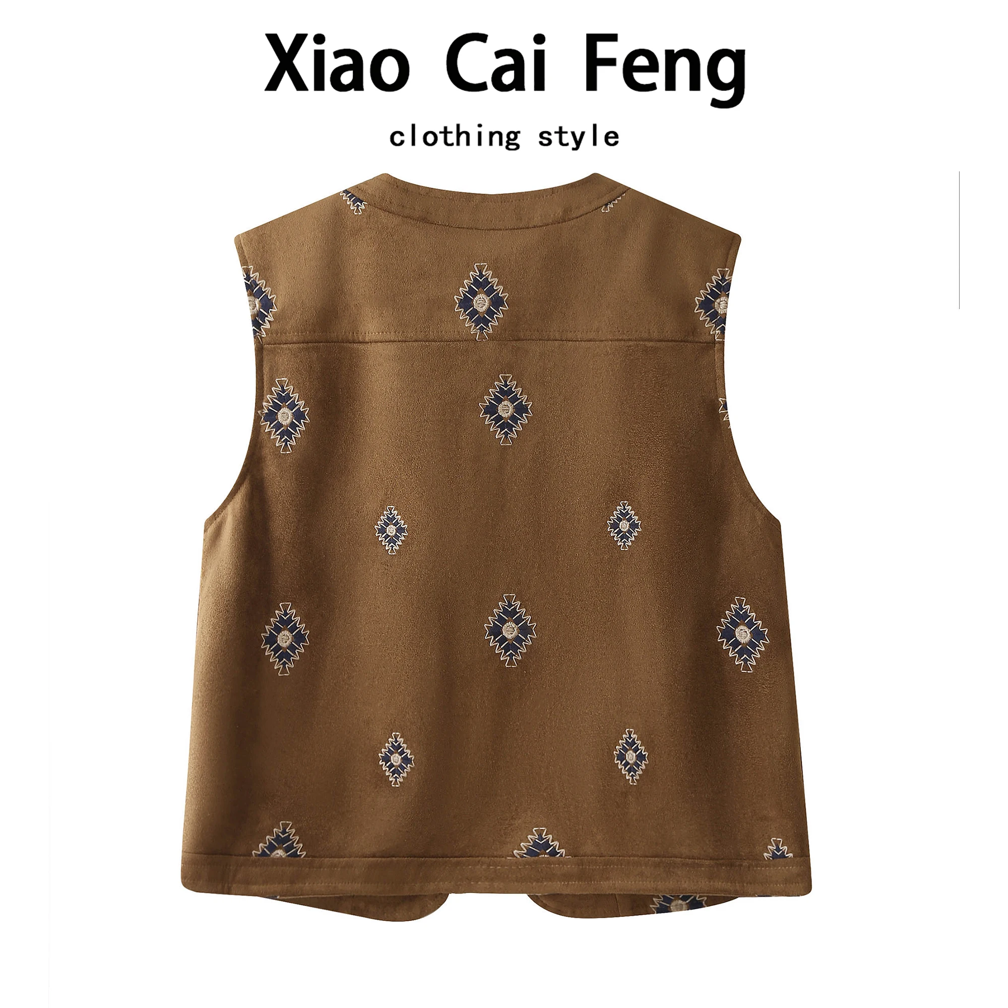 

Замшевый жилет с вышивкой Ele, женский модный многослойный топ, круглый, с одной пуговицей, с цветочным узором и растением