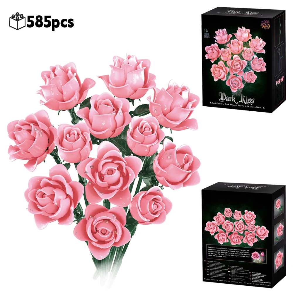 

2025 Creative Pink Rose Bouquet Building Blocks Set DIY Ornament Romantic tabletop decoration Valentine Gift For Women 585PCS