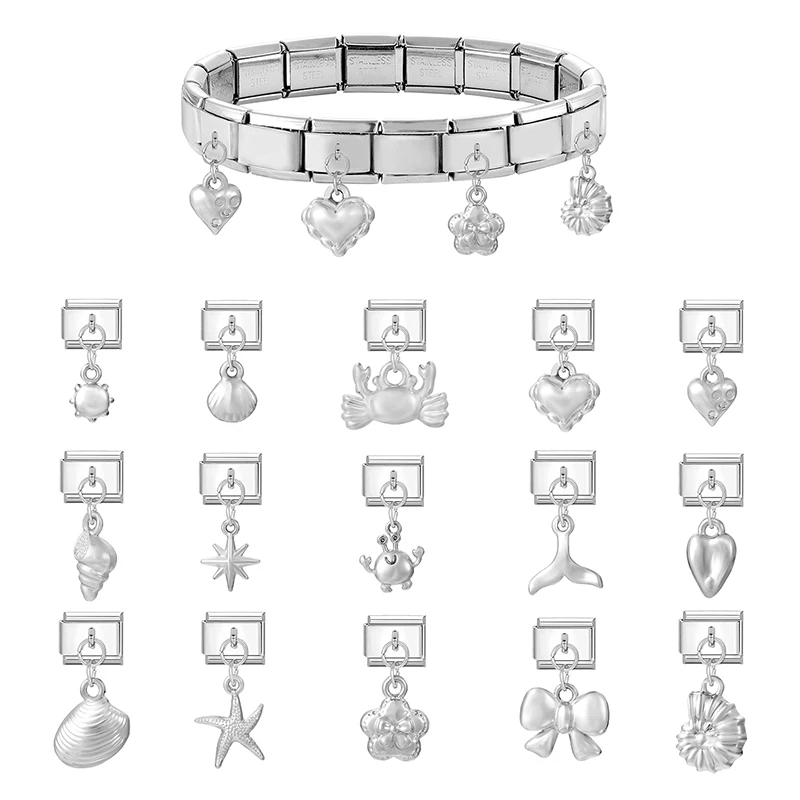 

1PC Heart Shells Starfish Pendant Italian Charm Link Fit 9mm Stainless Steel Bracelet DIY Making Men Women Gifts