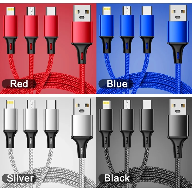 Micro câble USB 3 en 1 de type C pour recharge rapide, cordon de chargeur multi pour iPhone, Huawei, Samsung, en nylon tressé