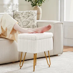 JHK Faux Fur Living Room Hidden Storage Stools & Ottomans Padded Makeup with 4 Metal Legs Anti-Slip Adjustable Feet for Home