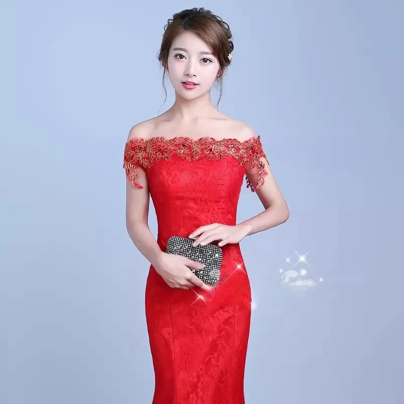 It's yiya Red Wedding Dresses Cheap Simple Lace Appliques Off the Shoulder tromba Mermaid Trailing Plus size abiti da sposa XN085