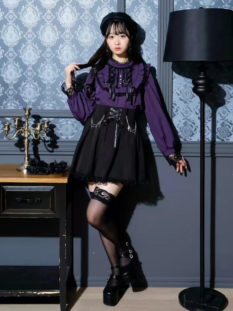 Japanese Lolita Ladies Sweet Gothic Lace-Up Long Sleeve Shirt Purple Lace Stand-Up Collar Versatile Age Reduction Fashion Top