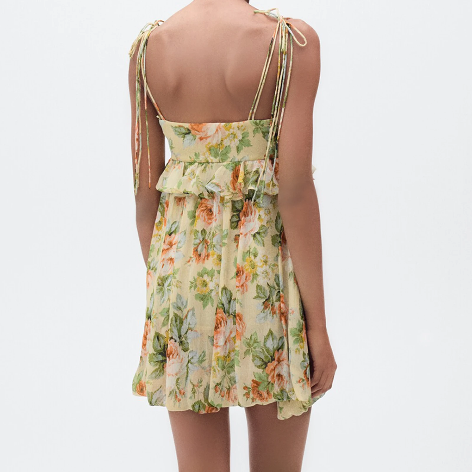 Combhasakiผู้หญิงดอกไม้พิมพ์สแควร์คอเอวสูงRuffle Trimสปาเก็ตตี้บางผูกสั้นBackless A-Line Camiชุด