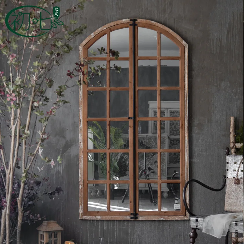 

American country living room mirror wooden retro old bed and breakfast bedroom wall-mounted mirror clothing store fitting mirror
