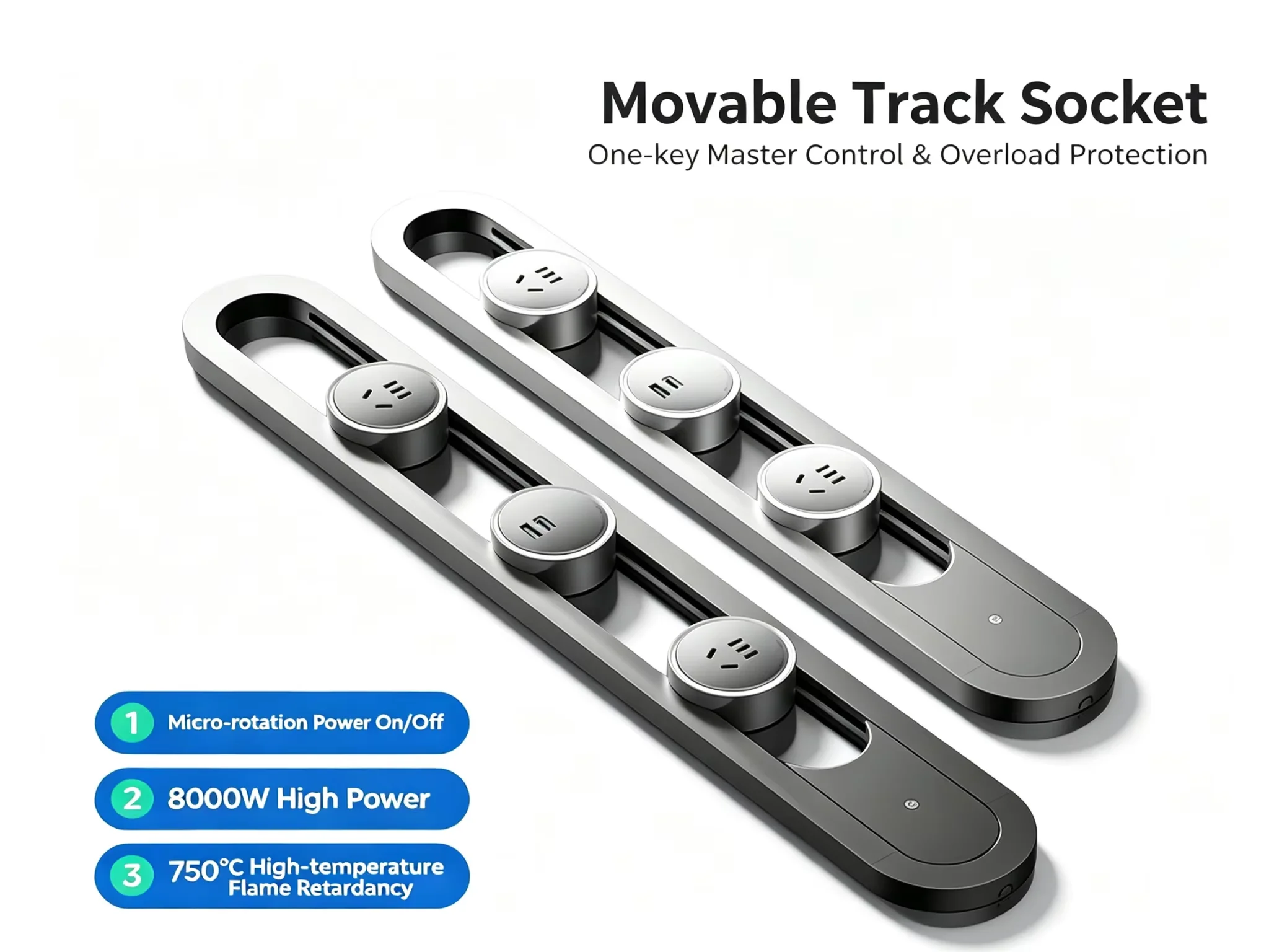 Wall Mounted Power Rail Socket with Master Switch, Sliding Outlets & USB Ports, 8000W Overload Protection for Home Use