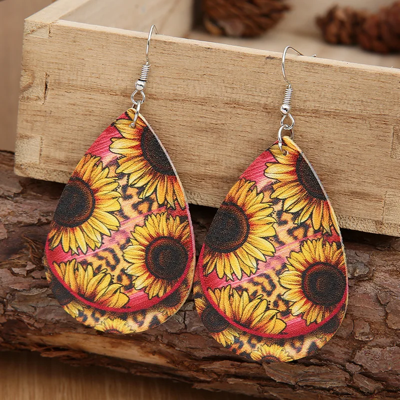 Vintage sunflower print water drop leather earrings western leopard print earrings