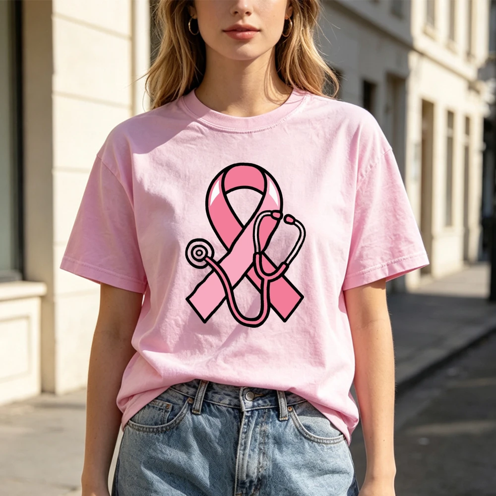 Pink Ribbon Stethoscope Graphic Women Short Sleeve TShirt Autumn Breast Cancer Awareness Casual Tee  Breast Cancer Cotton Tshirt