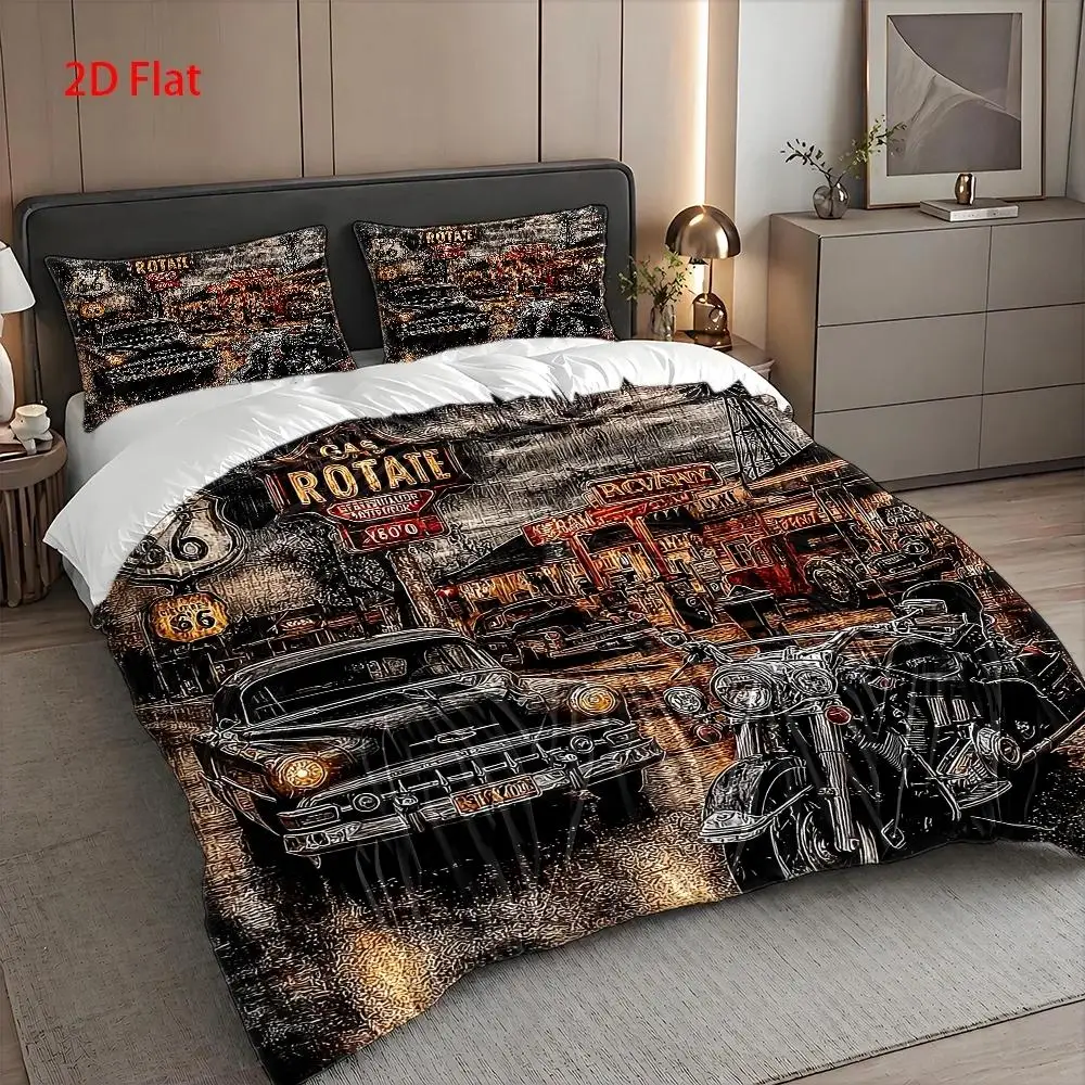 Retro Highway Classic Cars and Motorcycles Duvet Cover Set Multi Size Quilt Cover Queen Size Bedroom Bedding Decoration Machine Washable Adult Boy Girl