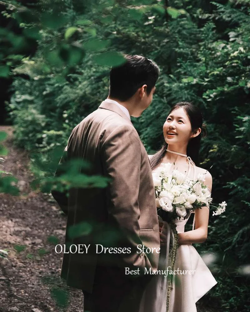 OLOEY-vestido de novia de seda con hombros descubiertos, traje elegante de tafetán con volantes, corsé con espalda y corsé, ideal para sesión de fotos de Corea