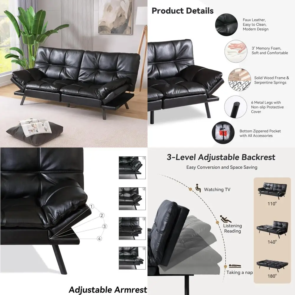 

Memory Foam Futon Sofa Bed, Modern Convertible Couch, Faux Leather Sleeper Loveseat for Living Room