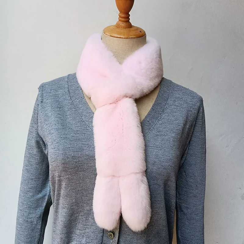 2022 Winter Women Warm Real Rex Rabbit Fur Scarf Fashion Thick Pink Genuine Cute Natural Fur Scarves Female Soft Neck Warmer