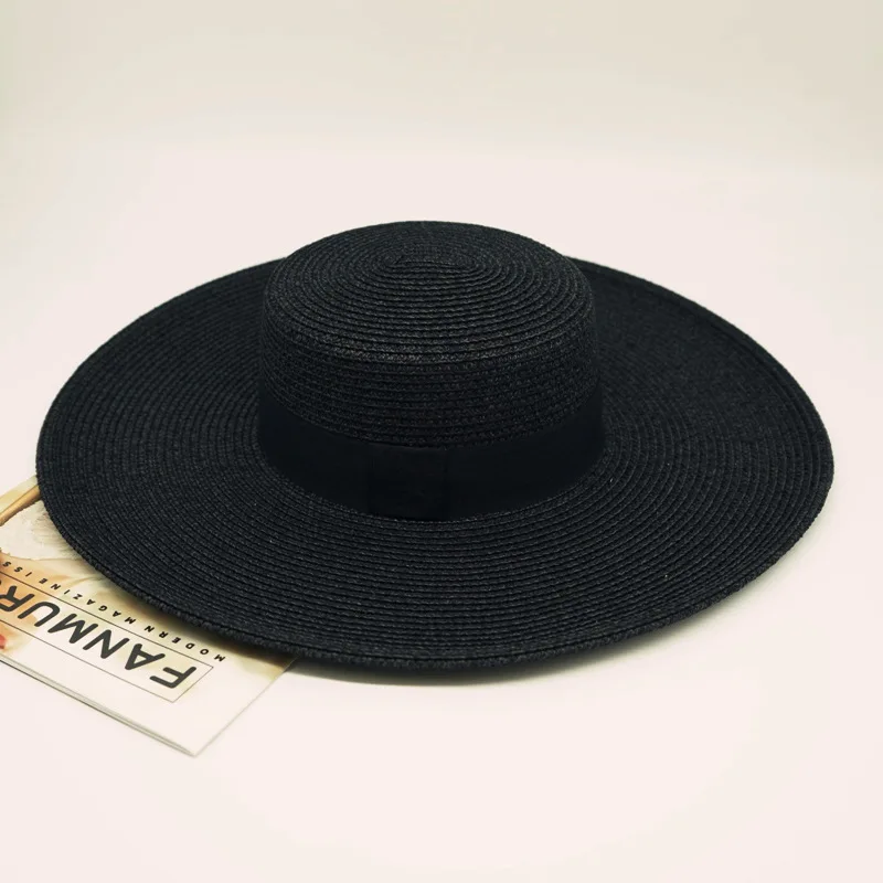 French Black Large Brim Top Hat  Female Summer Shade Resort Beach Sun Straw Hat Black Panama