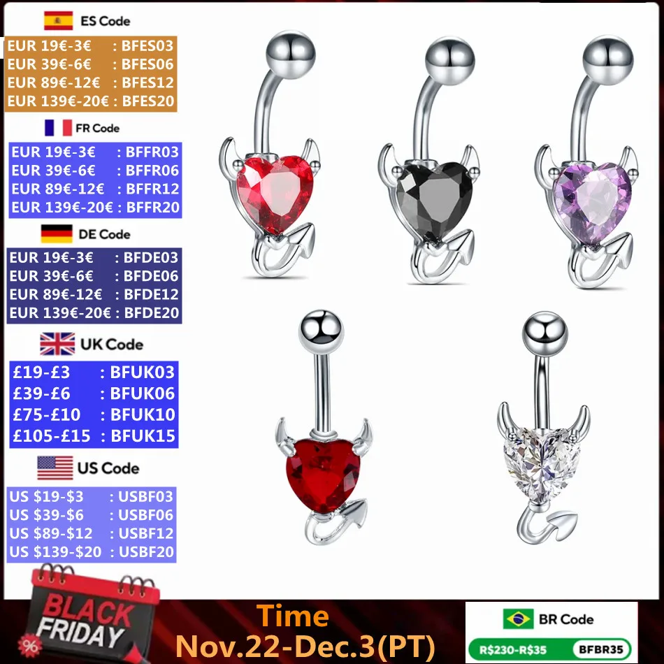 1PC Stainless Steel Heart Belly Button Ring Women Sexy Purple Red Zircon Demon Devil Navel Piercing Dangle Earring Body Jewelry