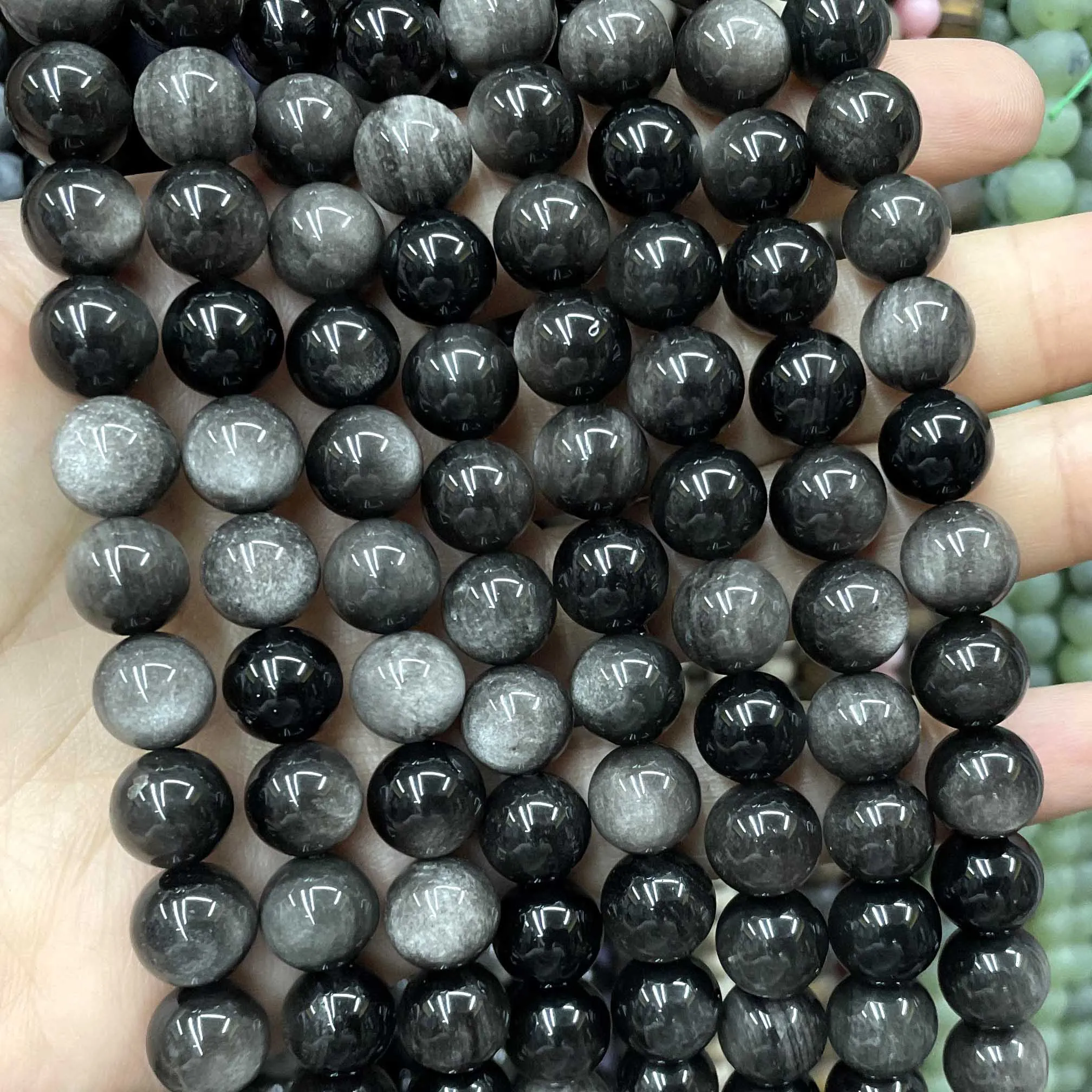 4 6 8 10 12 14MM Natural Stone Silver Obsidian Round Loose Spacer Beads For Jewelry Making DIY  Bracelets Necklace Accessories