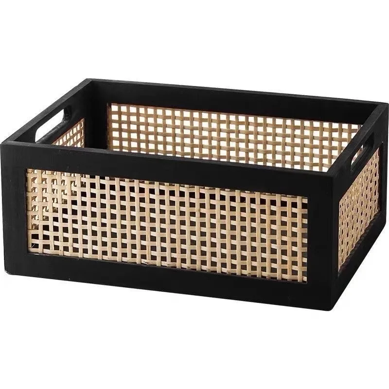 

Desktop Solid Wood Storage Box Retro Rattan Basket Snacks Fruit Cosmetics Sundries Organizer Boxes Home Bathroom Kitchen Basket