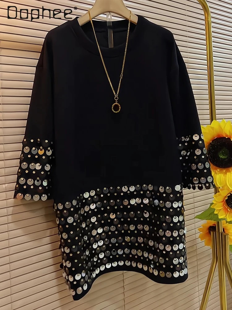 

Summer European Style Heavy Sequin Patchwork Large Size Dress High-end Fashion Round Neck Short Sleeve Loose Casual Mini Dress