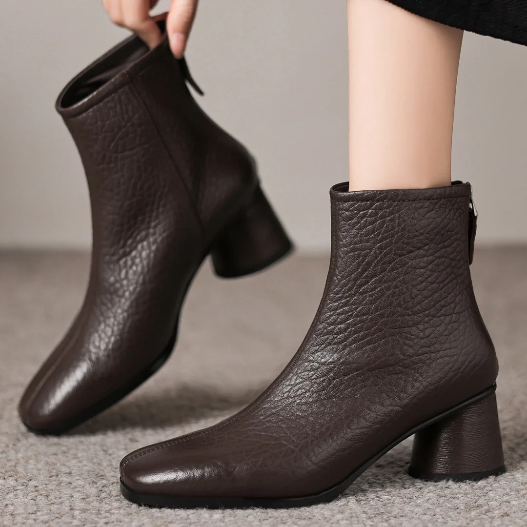 

Women's sheepskin square toe back zip autumn ankle boots 5.5cm round high heel elegant ladies slim dress short booties shoes hot